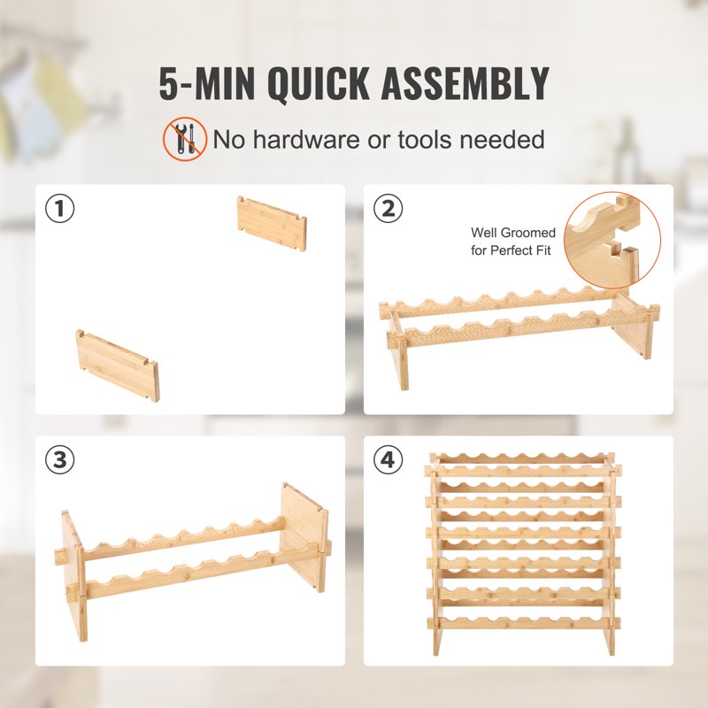 Stackable Modular Wine Rack - 48-Bottle Bamboo Storage Shelf