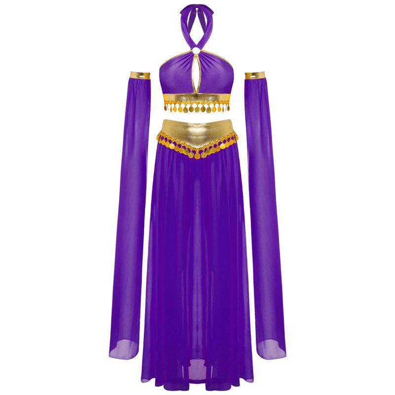 Women's Belly Dance Costume Set - Chiffon Skirt Purple XXL with Crop Top & Sleeves