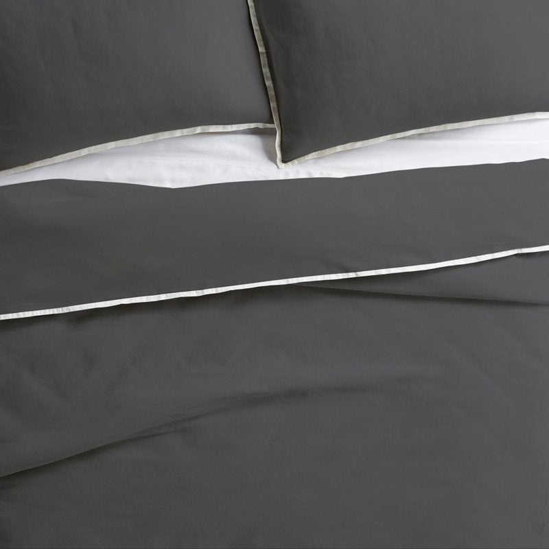 Full/Queen Linen-Cotton Duvet Cover Set with Contrast Flange - Soot Gray