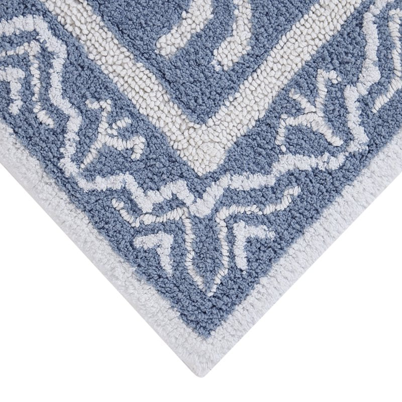 2' x 5' Bath Runner Rug - Blue Silver & White Oushak Style Cotton Mat