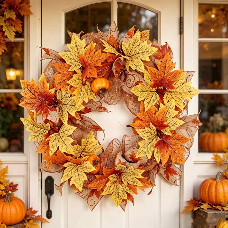 Fall Thanksgiving Pumpkin Maple Leaf Wreath Door Decor - Indoor Outdoor