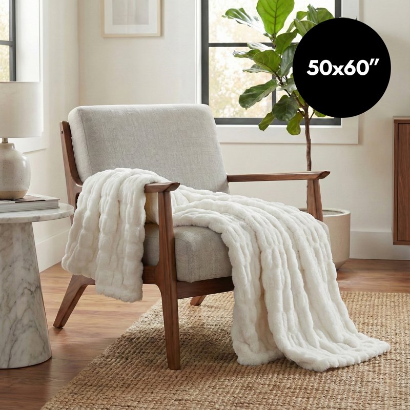 White Faux Fur Throw Blanket 50x60 Inch Rouched Design Luxury Cozy Home Decor