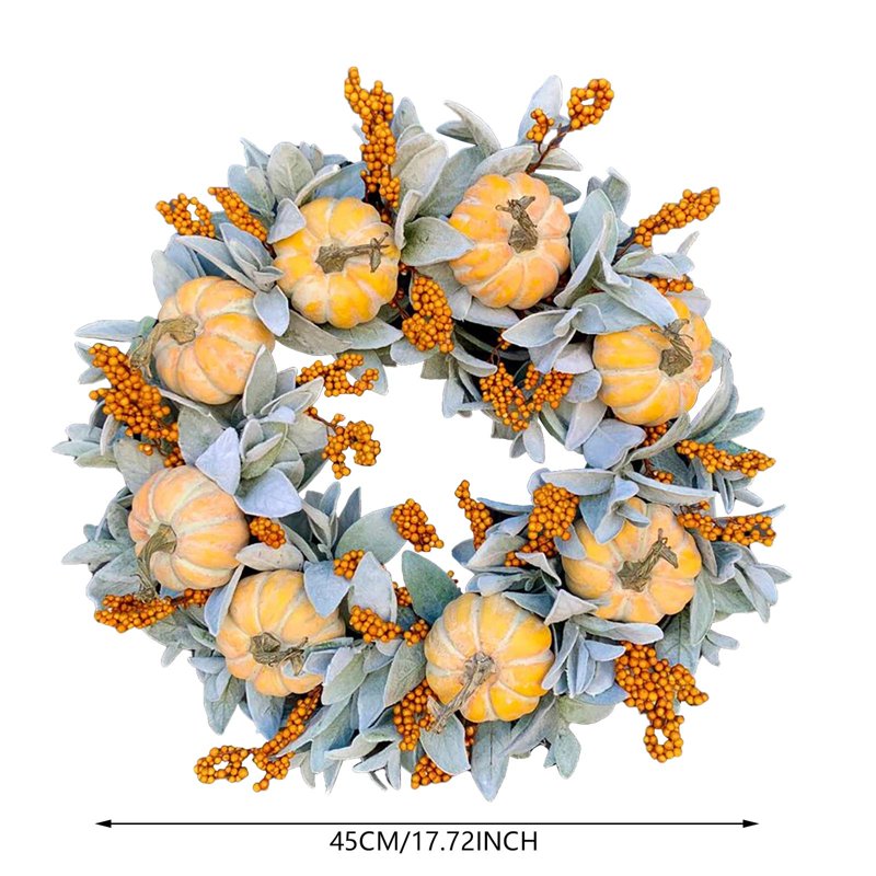 Autumn Pumpkin Wreath with Bows and Berries - Farmhouse Fall Decor - 18 Inch Front Door Wreath - Variation A