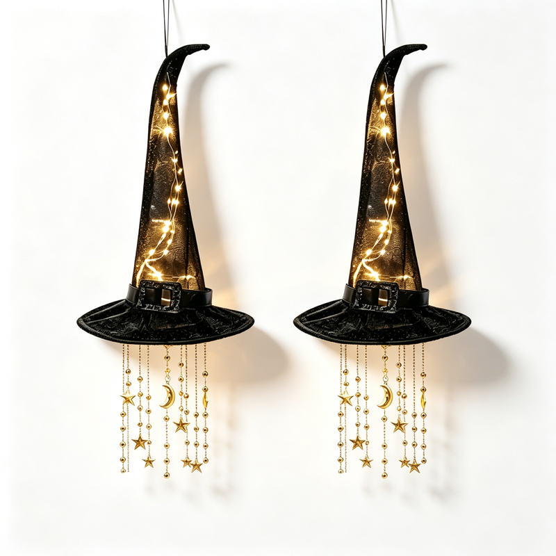 Lighted Witch Hat Hanging Halloween Decoration - 2 Pack Long Style