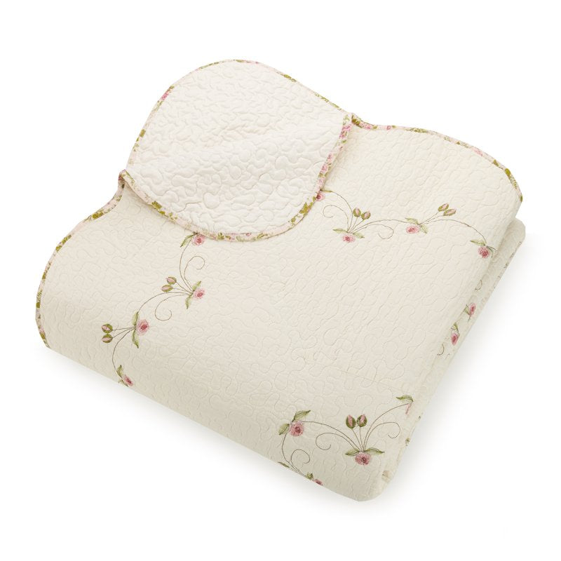 Queen Embroidered Bedspread with Pink Roses & Scalloped Hem - Floral Quilt