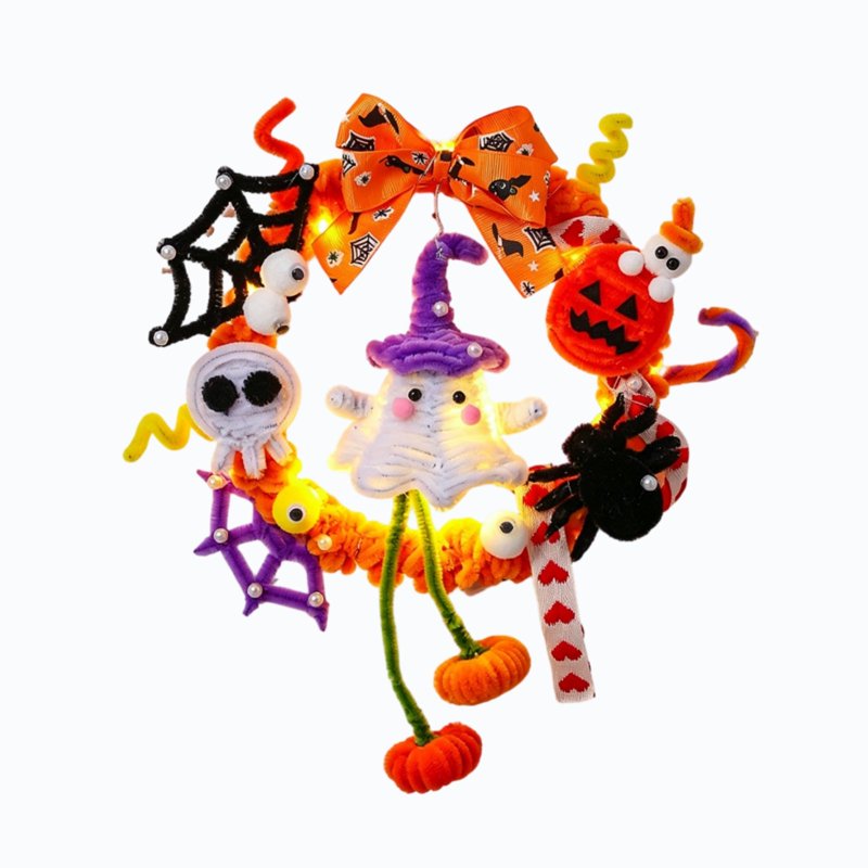 Halloween Wreath with Orange LED Pumpkin and Ghost - Front Door Decor - Variation of THIS listing