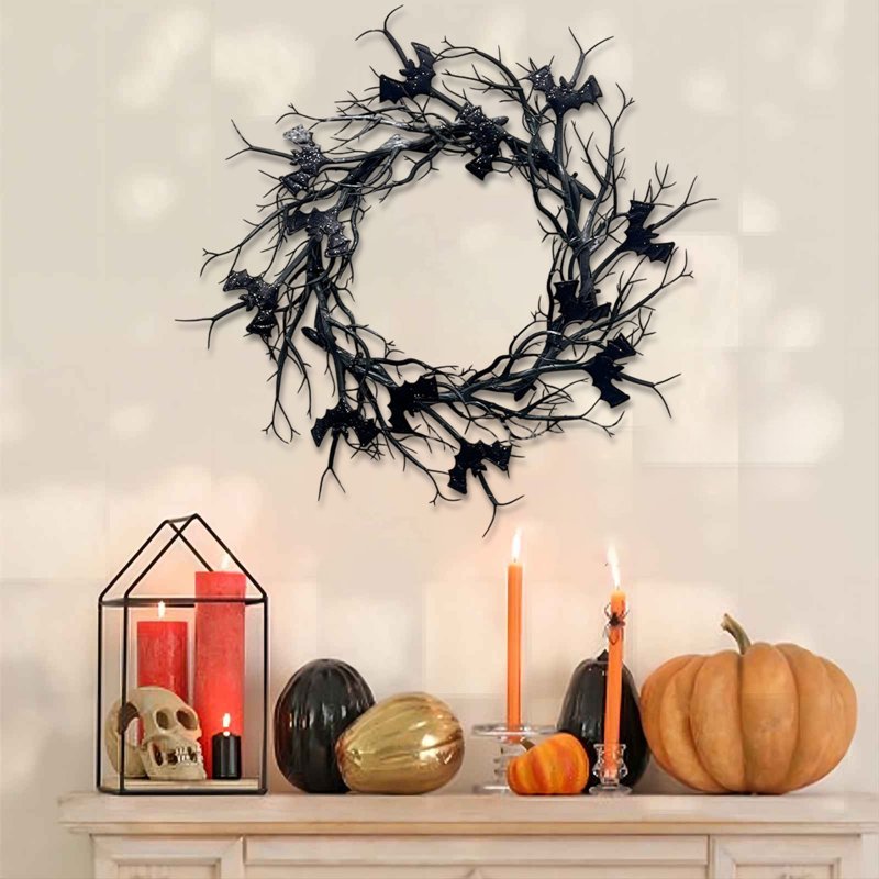 Halloween Wreath Black Dead Branch with Bat Decoration Indoor Outdoor - Variation B