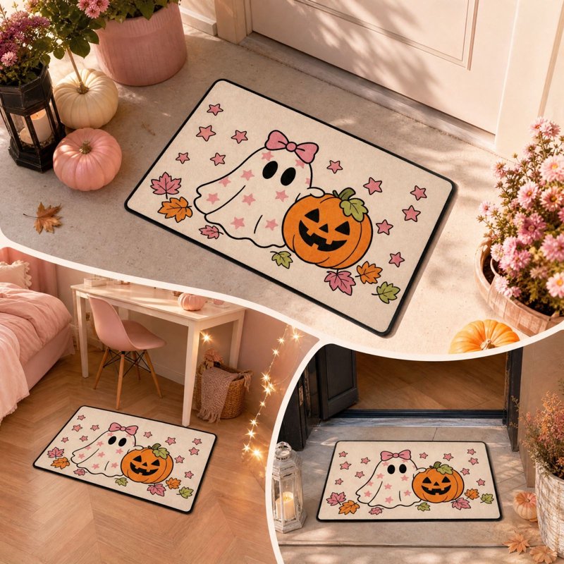 Pink Ghost Halloween Doormat - Cute Welcome Mat with Pumpkins & Stars, Absorbent Diatomite Floor Mat with Rubber Backing, 12_Pink Pumpkin Ghost Mat_L
