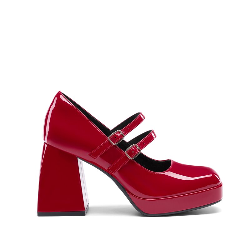 Red Women's Y2K Double Strap Platform Mary Jane Heels with Square Toe & Chunky Heel - Size 9.5