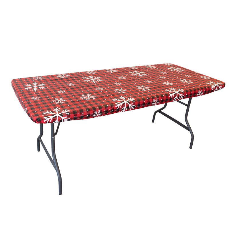 Fitted Vinyl Table Cover with Flannel Backing - Snowflake Red, 4 Pack, 72" x 30"