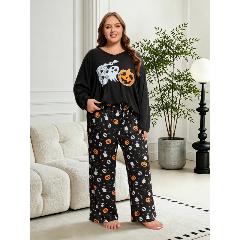 Halloween Plus Size Ghost Pumpkin Pajama Set for Women 2-Piece - Ghost Pattern 1XL