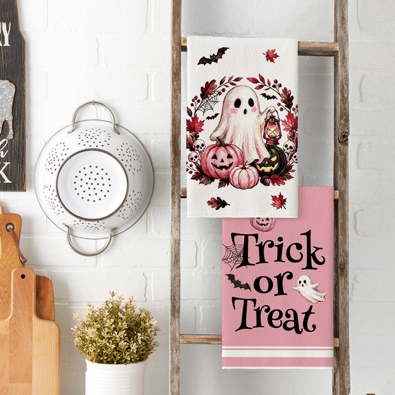 Halloween Dish Towels Set of 4 - Pink Happy Ghost & Maple Leaves 18x26 C