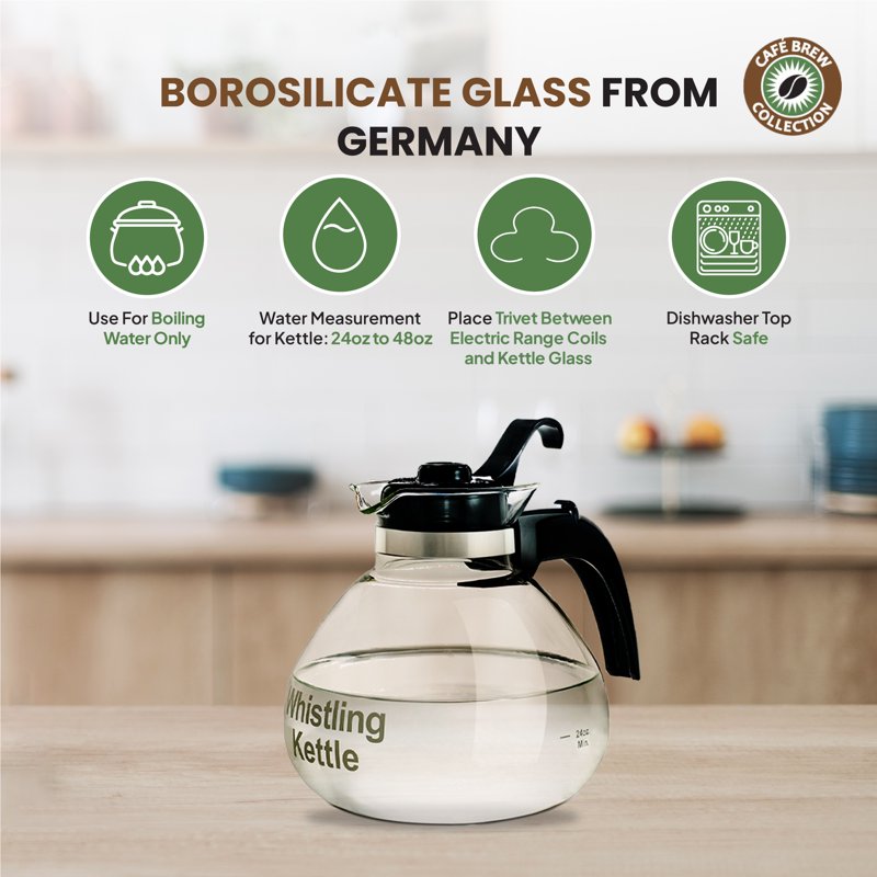 Whistling Glass Tea Kettle - 48oz Borosilicate for Stovetop