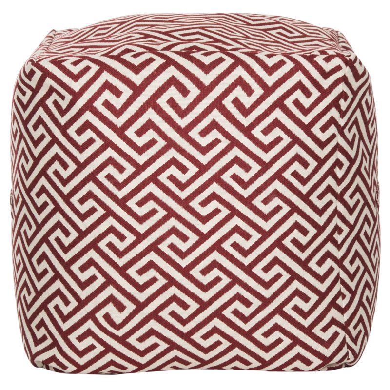 Red Greek Key Pouf - 18-Inch Soft Cotton Accent Footstool & Seat