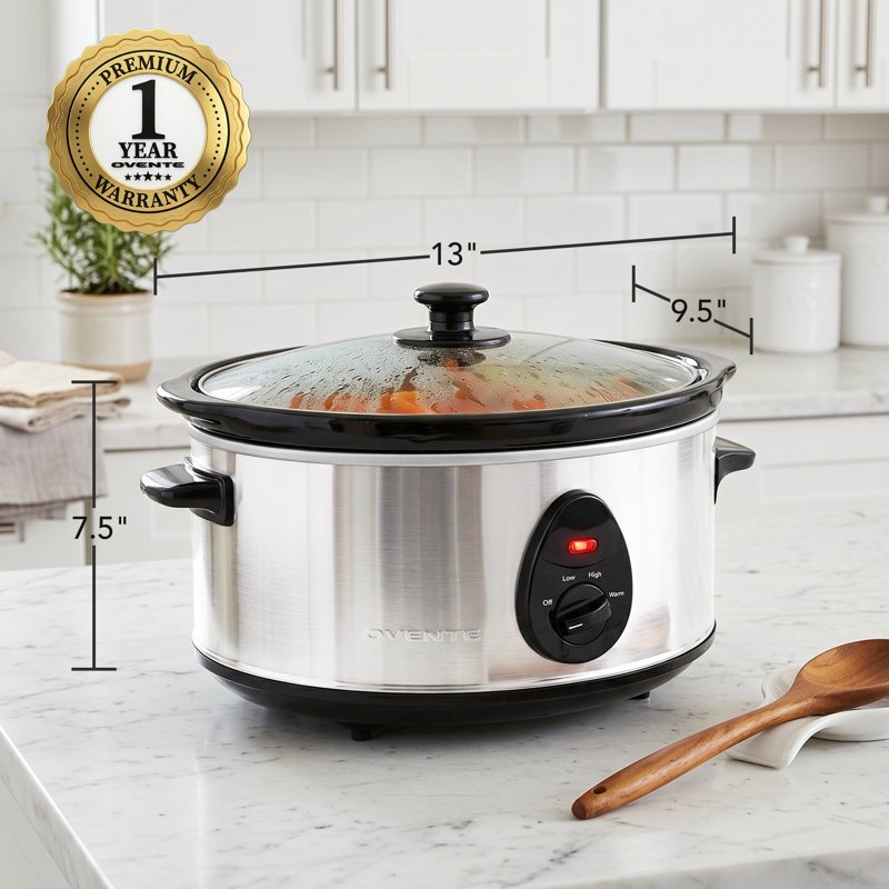 3.7-Quart Electric Slow Cooker - Stainless Steel Oval Pot with Glass Lid