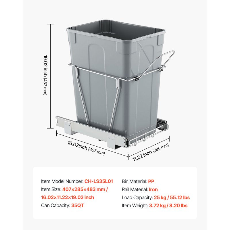 Pull-Out Trash Can - 35QT Under-Sink Waste Bin with Metal Slides