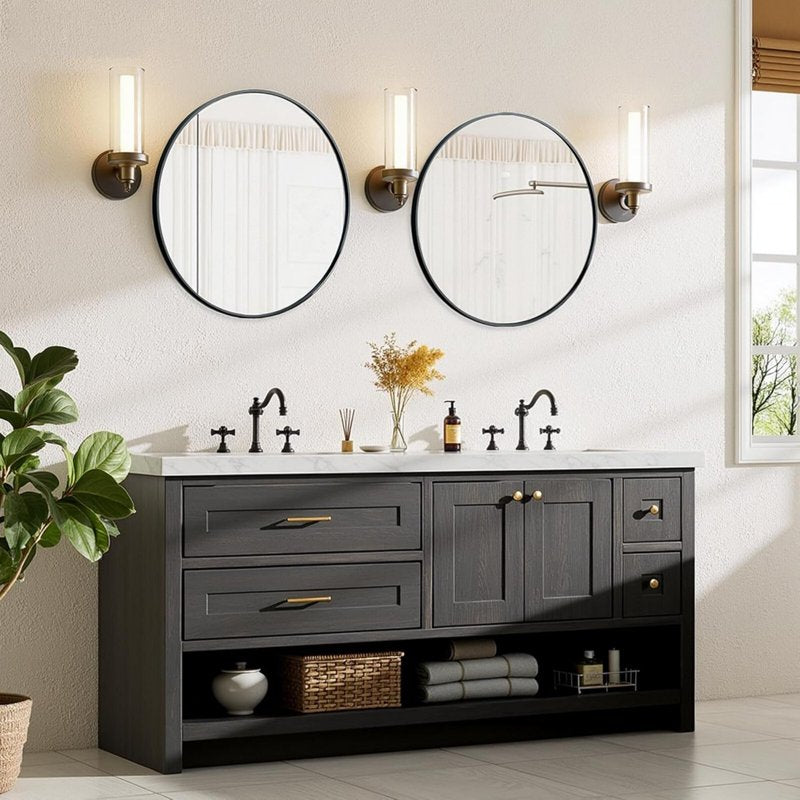 AUROMIR 24x24 Inch Round Wall Bathroom Mirror - Black Modern Vanity