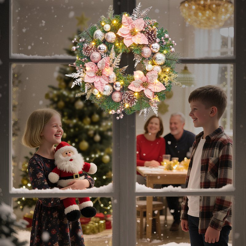 22-Inch Pre-Lit Christmas Wreath with Rose Gold Balls & Poinsettia - Indoor Outdoor Decor