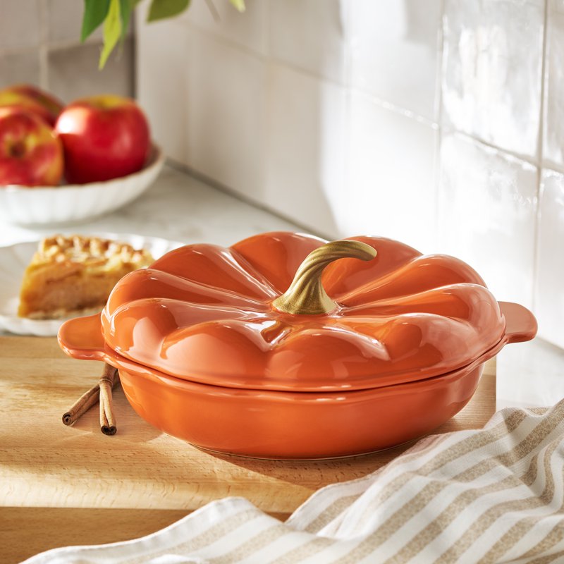 10-Inch Orange Pumpkin Pie Dish with Lid - Ceramic Bakeware