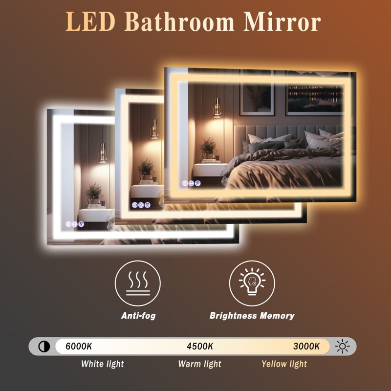 AUROMIR 47x47 Inch LED Bathroom Vanity Mirror with Dimmable 3-Color Modes