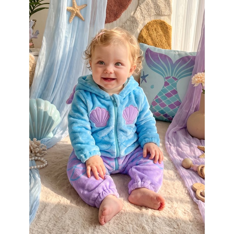 Kids Mermaid Costume Toddler Girl Fleece Jumpsuit - Blue Purple 4-5 Years