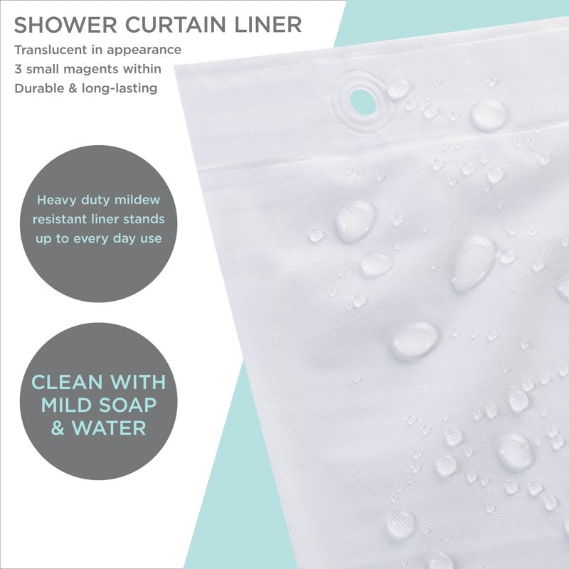 White PVC Shower Curtain Liner 70x72 Inches - Mildew Resistant, Magnet-Weighted Hem