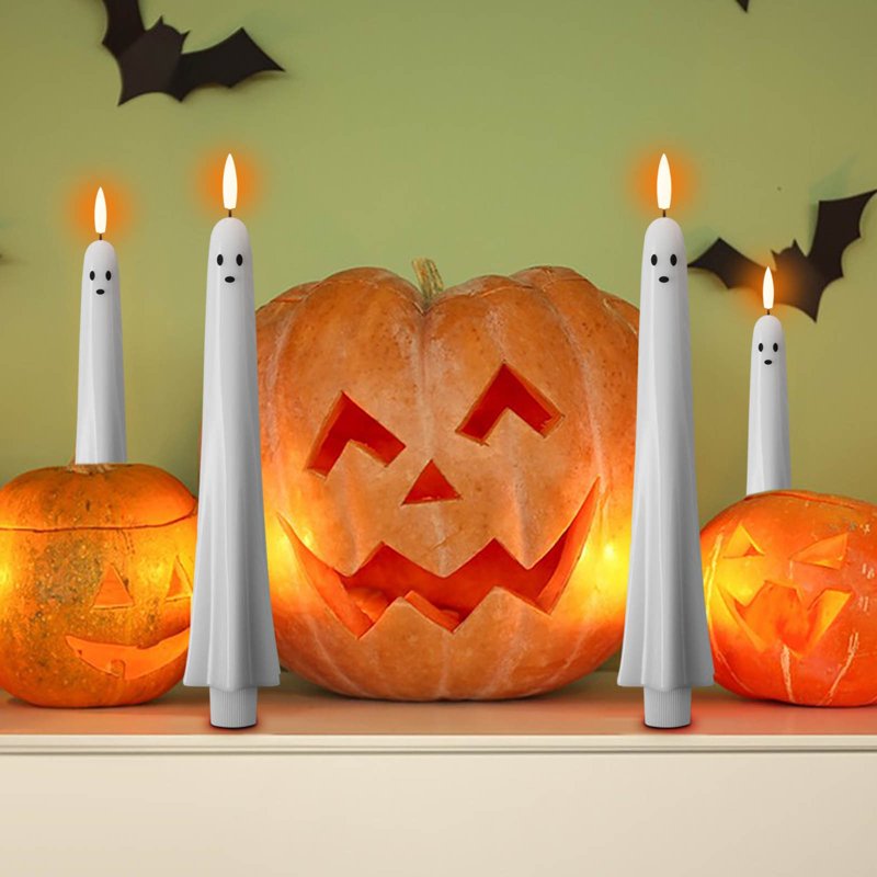Halloween Ghost Flameless Taper Candles Set with Remote & Timer - White, Flickering LED, Indoor Decor - Variation C