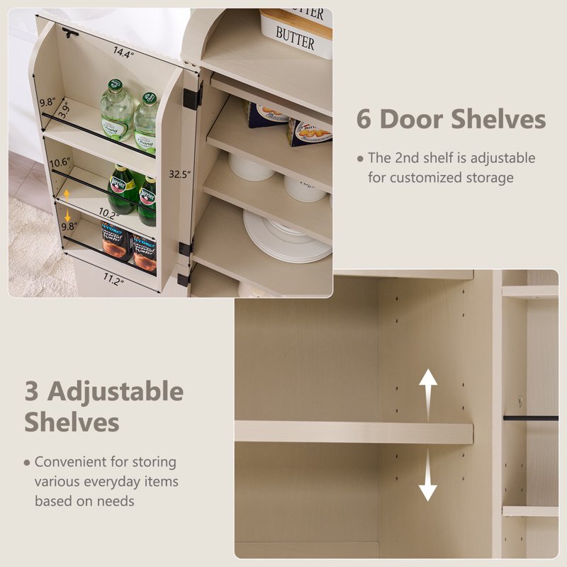 Modern Arched Pantry Storage Cabinet - Cream & Fluted Wood, 71"
