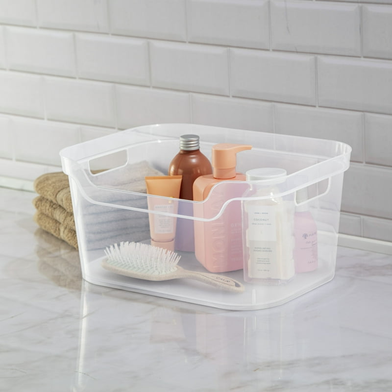 Large Clear Plastic Storage Bin with Scoop Front & Handles for Organizing