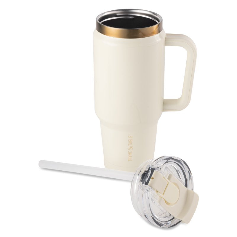 32oz Stainless Steel Tumbler with Handle and Dual Straw Lid - Cream Gloss