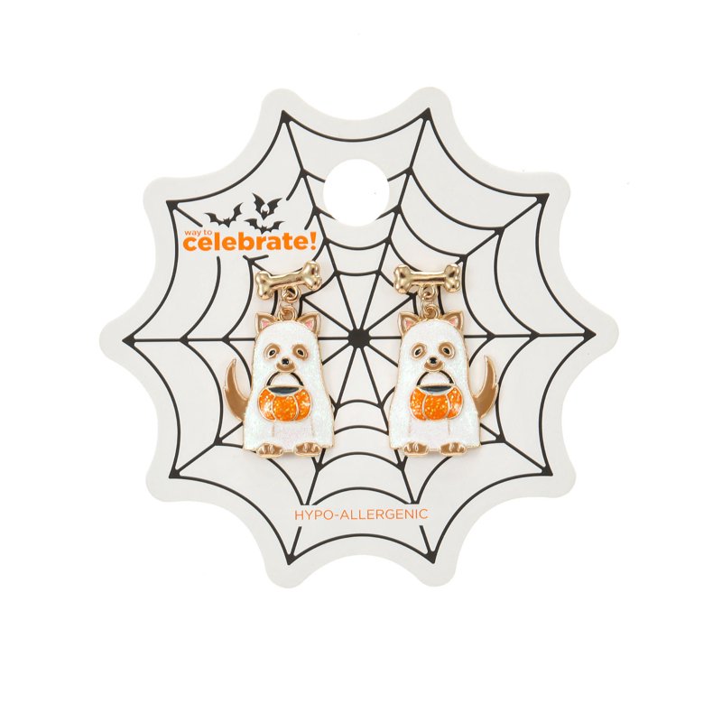 Halloween Ghost Puppy Earrings - Dangle Goldtone Jewelry, 1 Pair