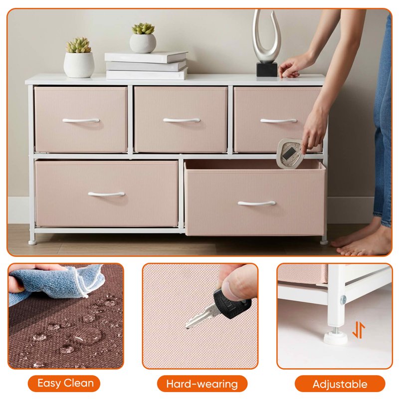Fabric Drawer Nightstand with Wooden Top - 5 Drawer Pink