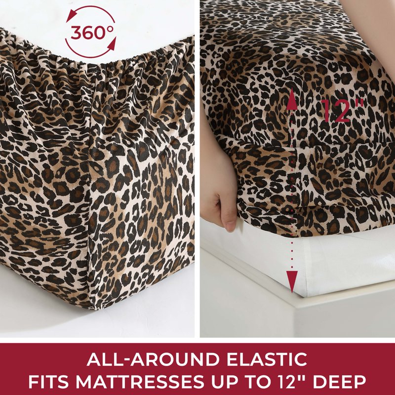 Whimsical Leopard Print Sheet Set - Queen Size Bedding with Elastic Fitted Sheet