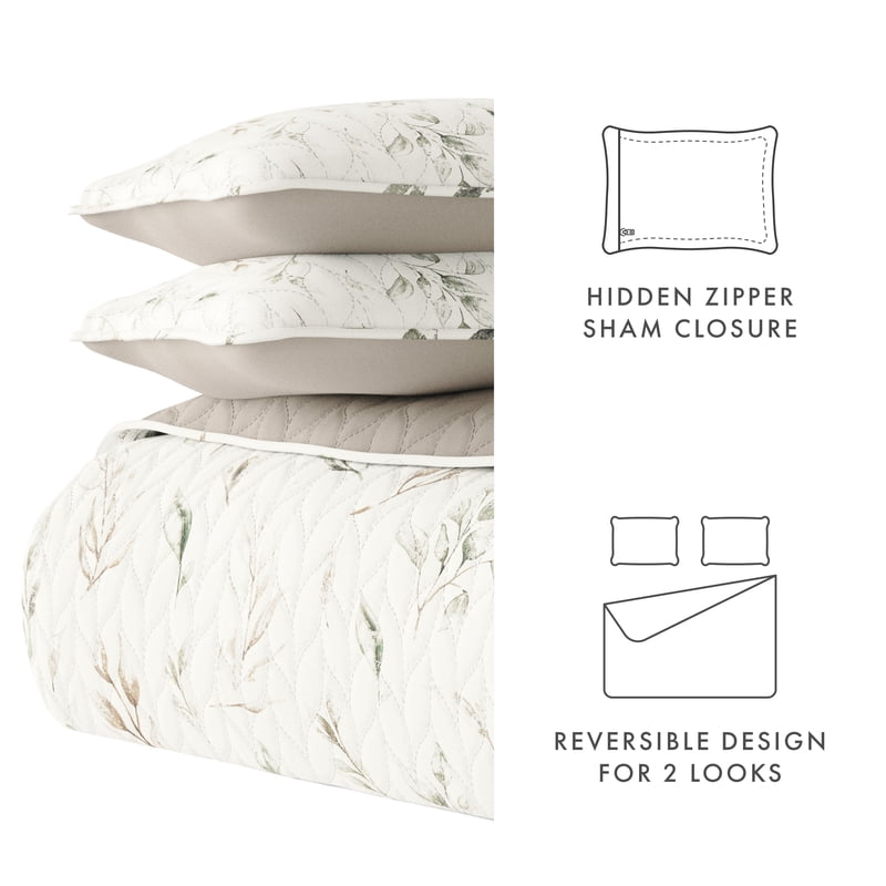King Linen Quilt Set with Watercolor Leaves & Stripes - Reversible Microfiber Comforter