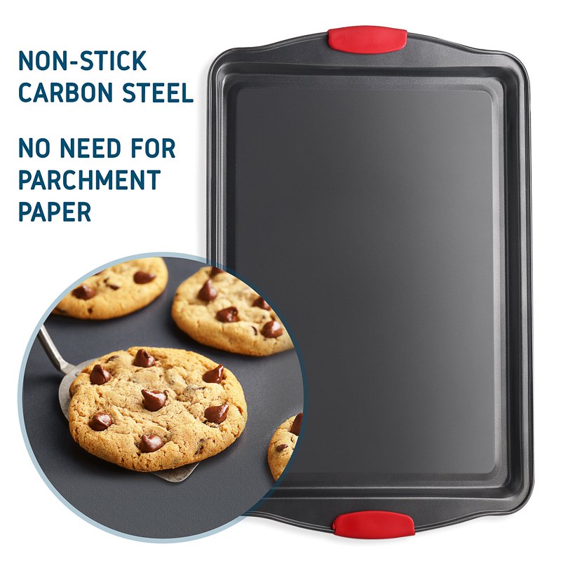 Non-Stick Carbon Steel Baking Sheet Set - 2 Large Pieces with Silicone Handles