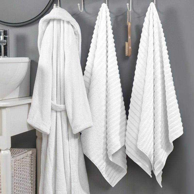 White Small Spa Bath Set with Plush Robe & Ribbed Towels – Hotel Quality