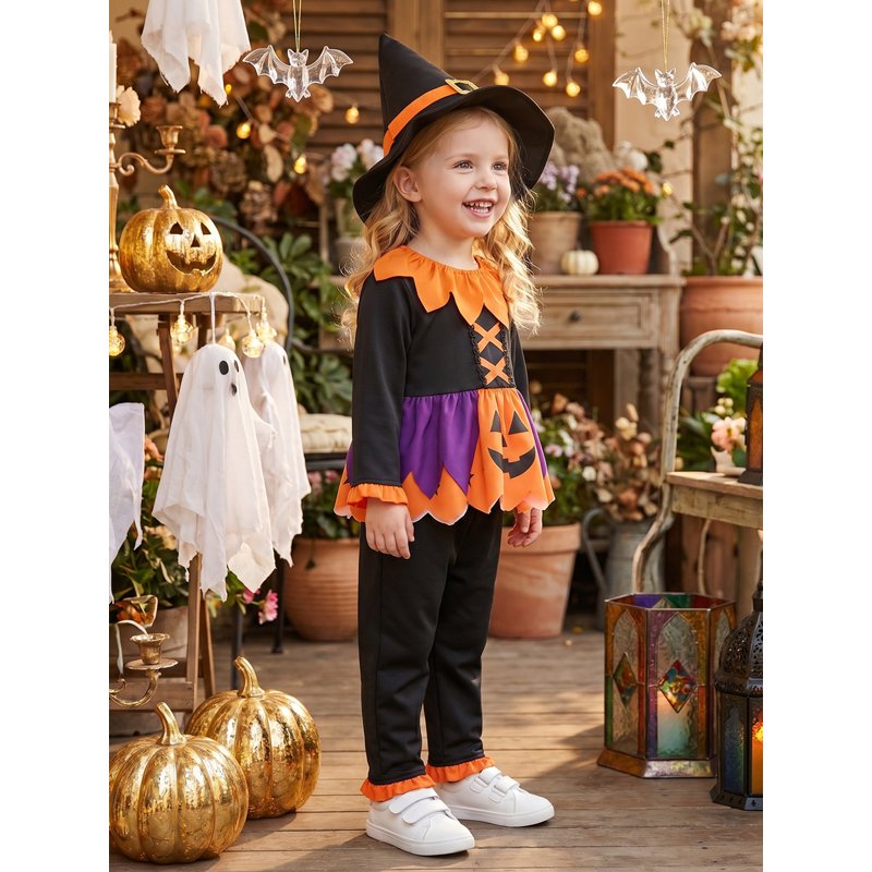 Toddler Girl Halloween Costume Pumpkin Outfit with Hat - Orange Black, 2-3 Years