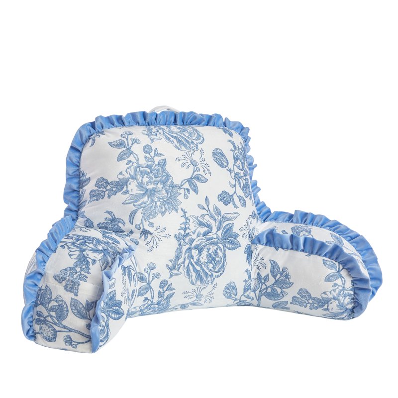 Blue Floral Backrest Pillow 35x22 Inch Cushion with Ruffled Edge - Support & Comfort