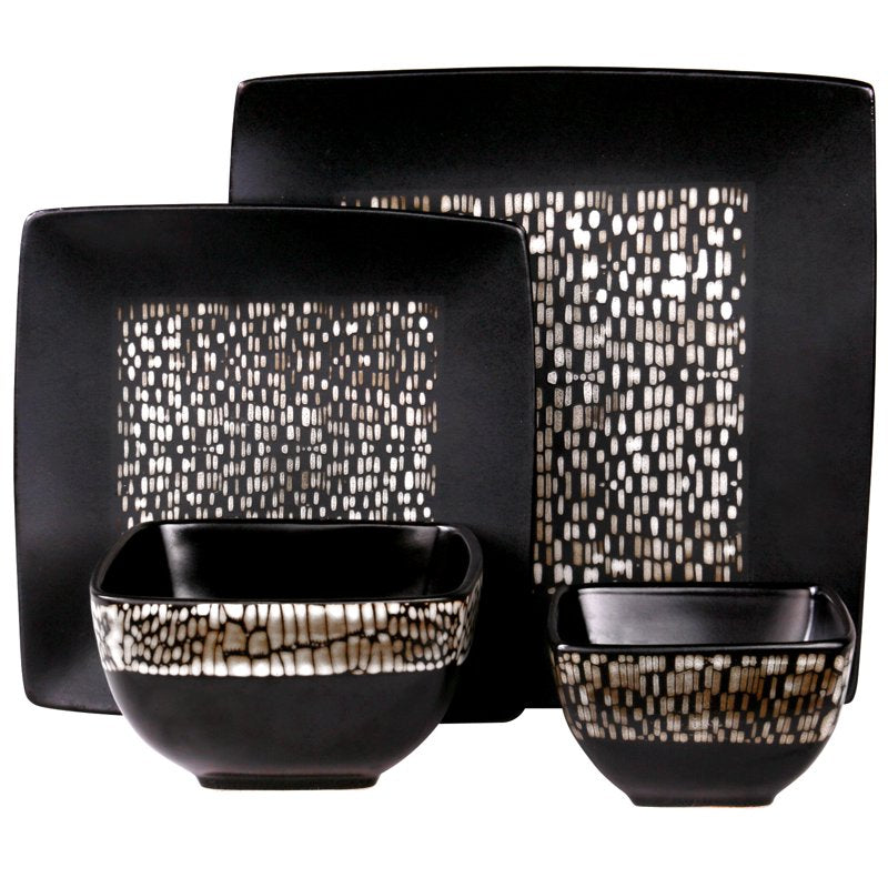 16 Piece Double Bowl Stoneware Dinnerware Set - Black