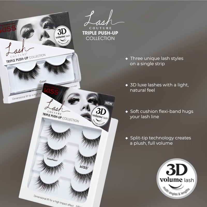 Triple Push-Up False Eyelashes - 3D Volume Strip Lashes, 4 Pairs