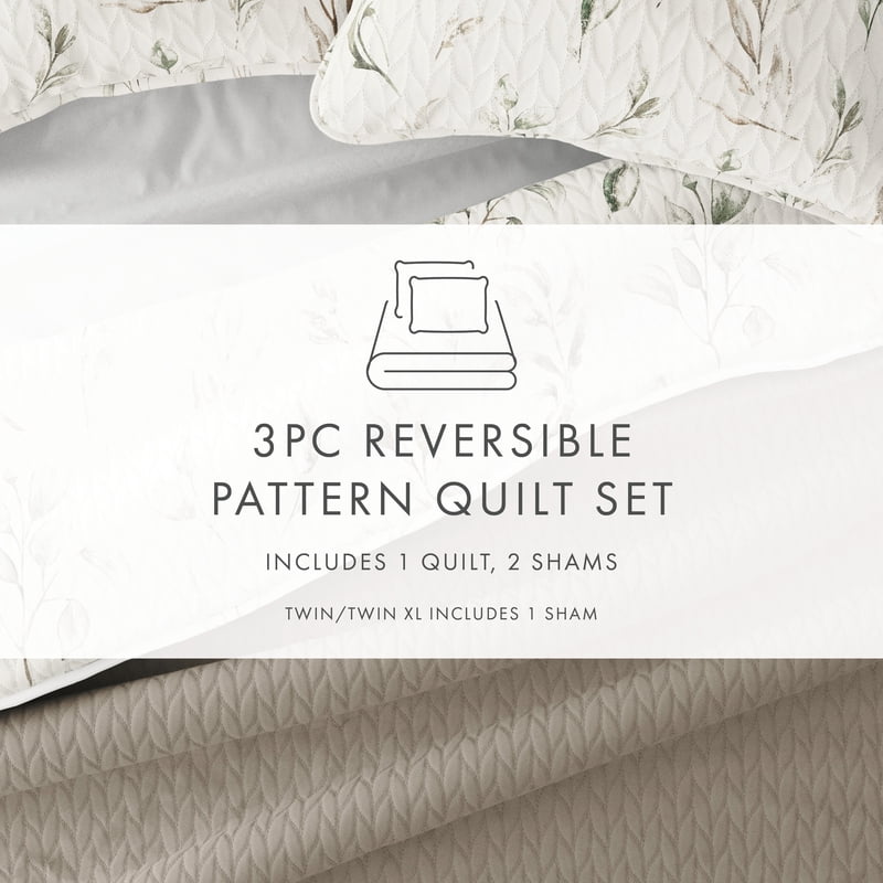 King Linen Quilt Set with Watercolor Leaves & Stripes - Reversible Microfiber Comforter