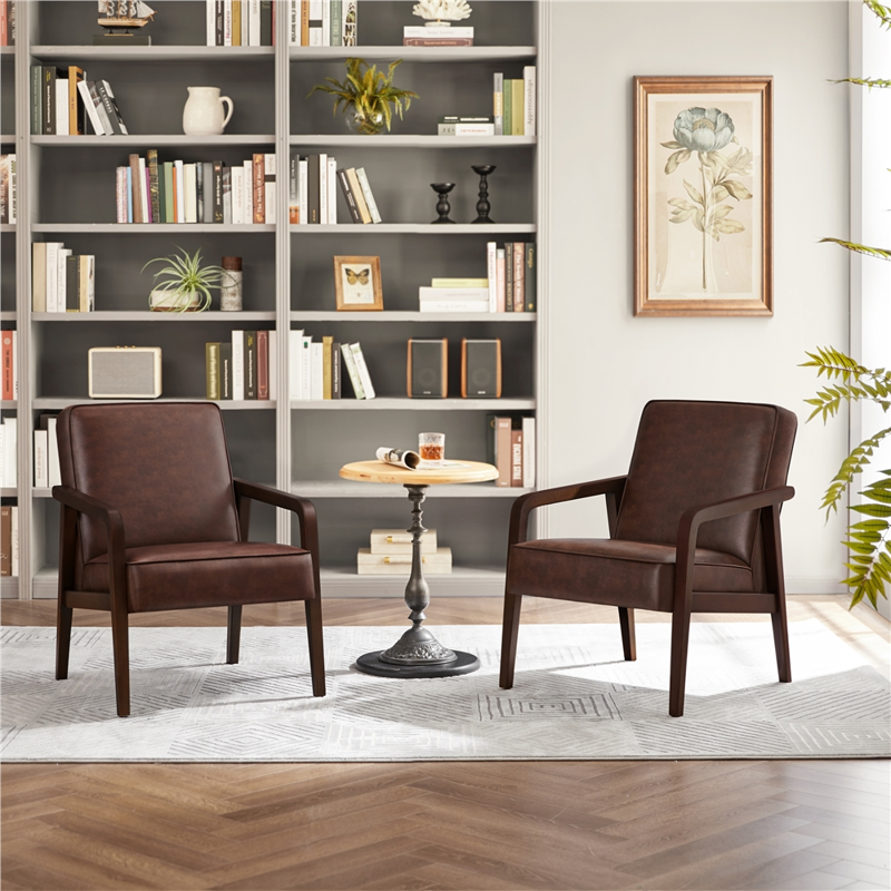 Mid-Century Modern Upholstered Faux Leather Armchair - 2pcs Set