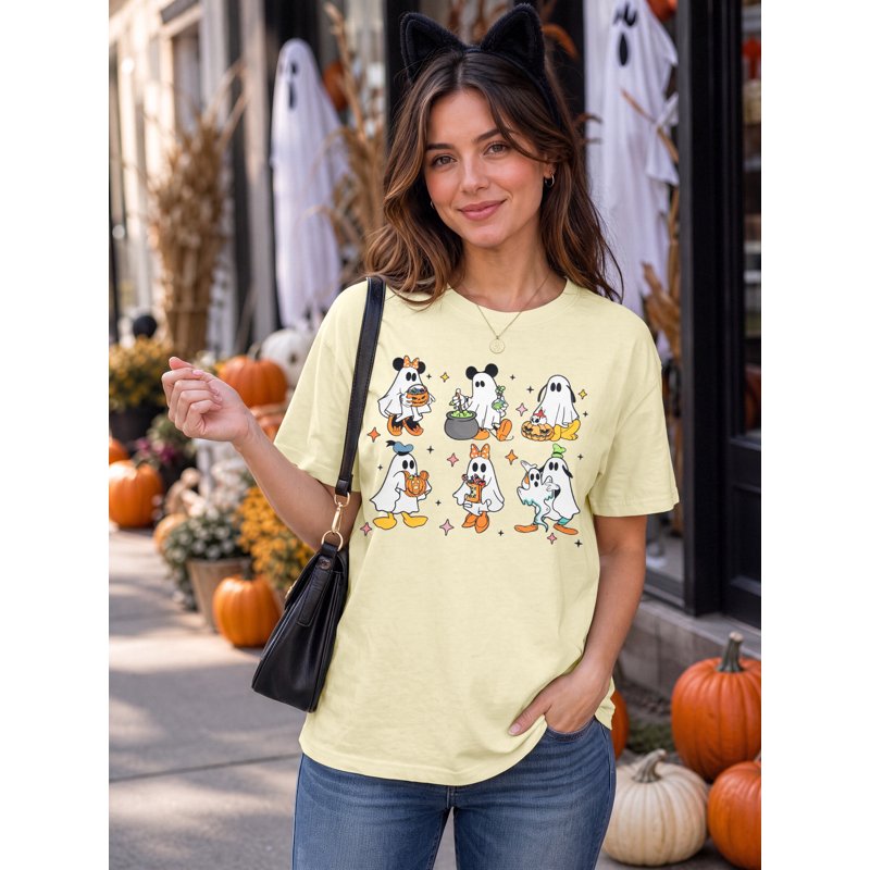 Women's Halloween Pumpkin T-Shirt with Ghost Graphic - Beige, Large