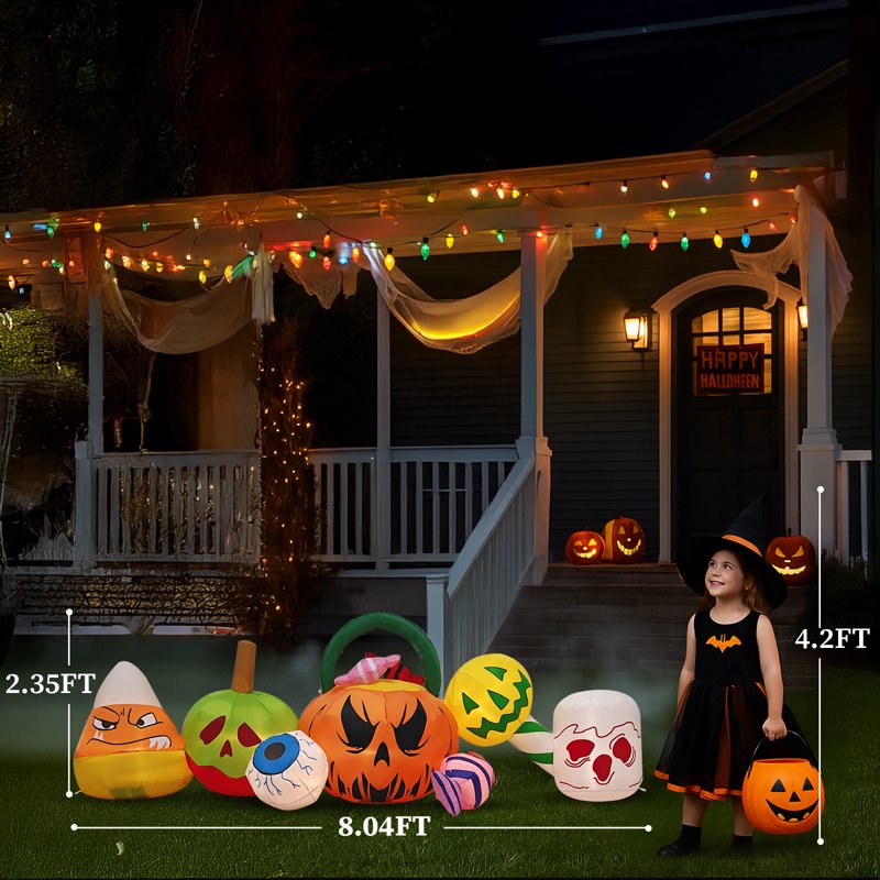 Halloween Inflatable Decorations - Pumpkins & Eyeball Blow Up Yard Banner with Built-in LEDs