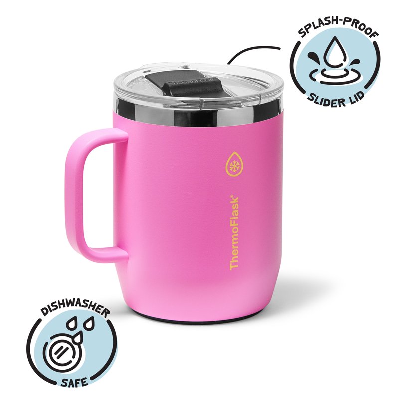 Insulated Coffee Mug 12 oz - Double-Wall, Splash-Proof Lid - Shocking Pink