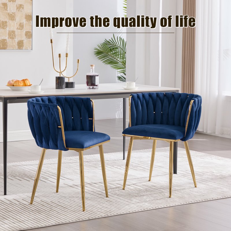 Velvet Dining Chairs Set of 2 - Navy Blue with Metal Legs