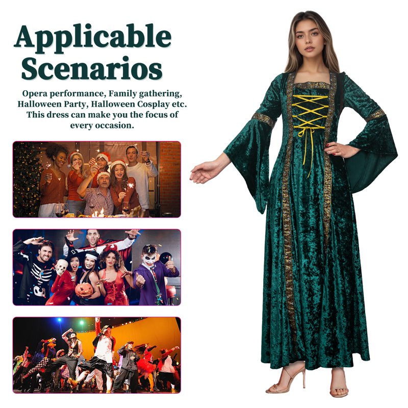 Women Renaissance Dress Medieval Velvet Costume with Lacing - Green, Large