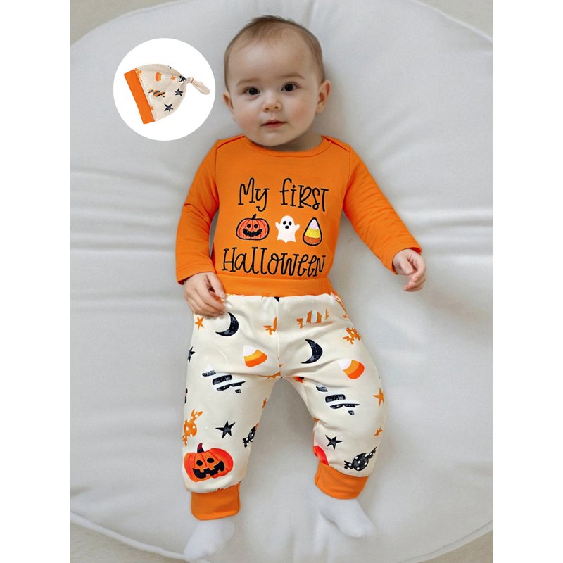 Baby Boy Halloween Outfit Set - Letter Pumpkin Embroidery Romper Pants Hat 12-18 Months Orange B
