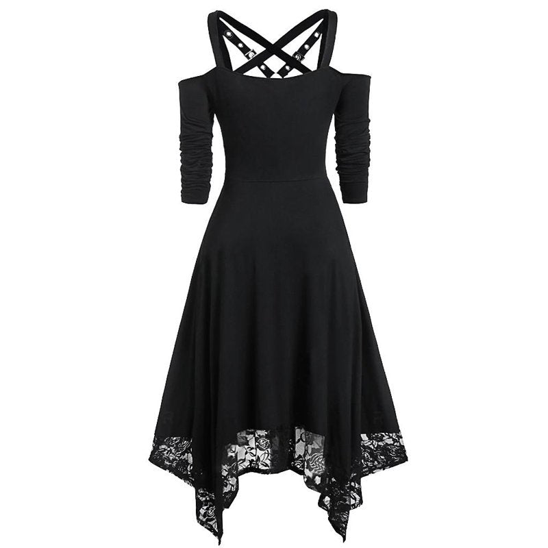 Gothic Black Dress for Women Halloween Costume Plus Size Lace Trim Sleeve