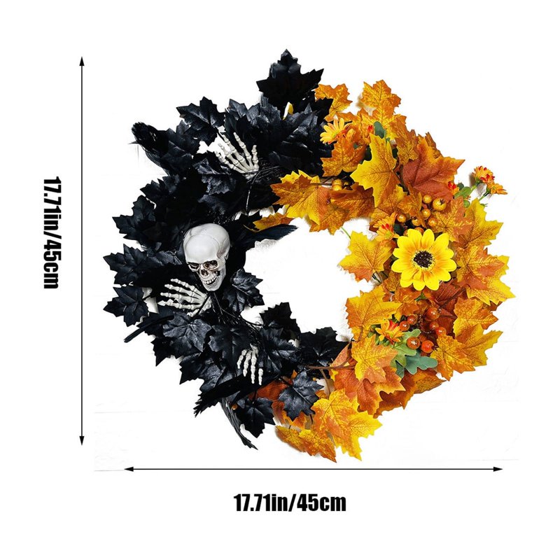 Halloween Wreaths for Front Door - Skeleton Maple Leaf Design - Variation B